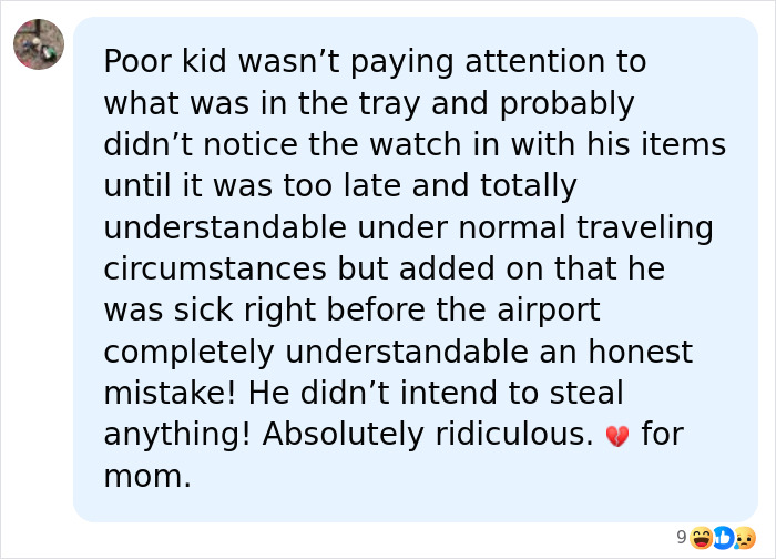 Screenshot of a comment from Mom Breaks Silence post explaining teen son's alleged airport crime as an honest mistake.