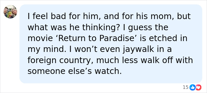 A social media comment on a teen son facing jail in Thailand for airport crime, expressing sympathy but questioning his actions.