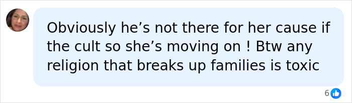 A social media comment on Katie Holmes daughter Suri taking legal action against father Tom Cruise, mentioning family and religion.