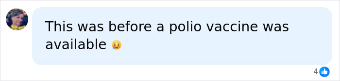 A comment mentioning a polio vaccine, emphasizing the historical context of the iron lung survivor.