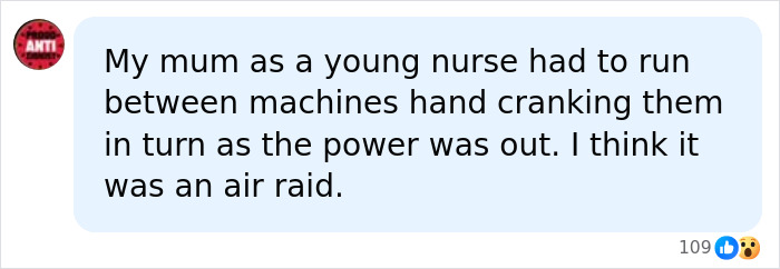A comment from a user whose mother, a young nurse, hand-cranked iron lung machines during a power outage.