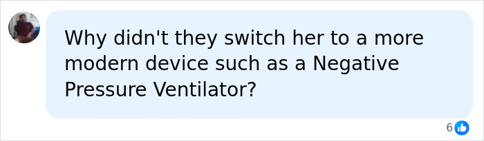 A comment asking why the Polio survivor wasn't switched to a modern Negative Pressure Ventilator.