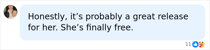 A comment expressing that the Polio survivor's passing is a release, and she is finally free.