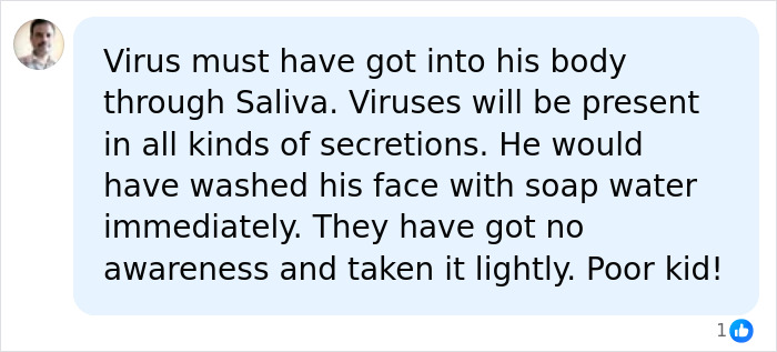 A comment suggesting the virus entered the 11-year-old Canadian boy through saliva and criticizing the lack of awareness. A comment suggesting the virus entered the 11-year-old Canadian boy through saliva and criticizing the lack of awareness.