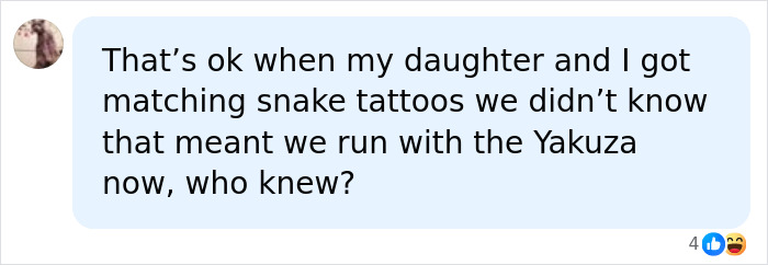 A social media comment about matching snake tattoos and Yakuza connection, humorously discussing the most requested tattoo interpretations.