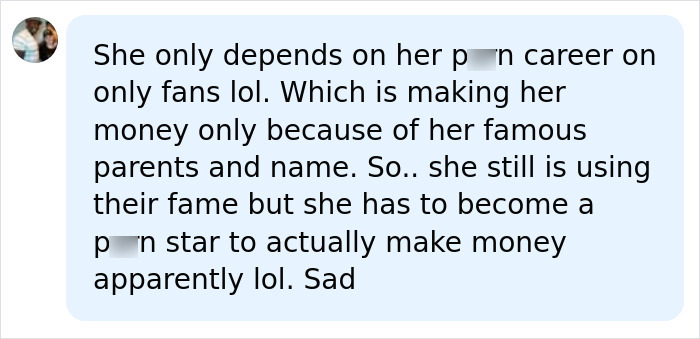 A social media comment criticizing a TV actor's daughter for joining an adult website, mentioning the nepo baby tag. A social media comment criticizing a TV actor's daughter for joining an adult website, mentioning the nepo baby tag.