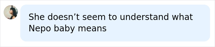 Social media comment saying, 'She doesn't seem to understand what Nepo baby means.' Social media comment saying, 'She doesn't seem to understand what Nepo baby means.'