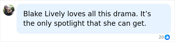 A comment suggesting Blake Lively loves drama, linking to Ryan Reynolds' Hollywood situation.