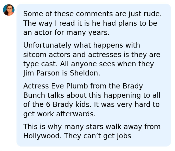 A social media comment discussing Jim Parsons and the personal price of fame for actors. A social media comment discussing Jim Parsons and the personal price of fame for actors.