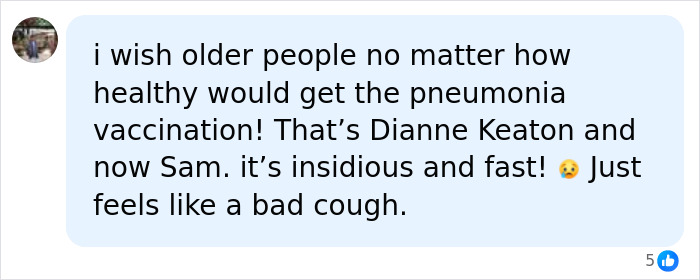 A social media comment discussing the importance of pneumonia vaccination for older people. A social media comment discussing the importance of pneumonia vaccination for older people.