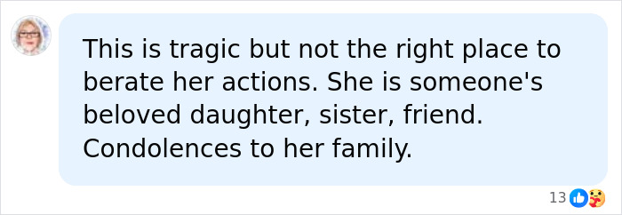 A social media comment expressing condolences for the mother who passes away after botched Turkish surgery. A social media comment expressing condolences for the mother who passes away after botched Turkish surgery.