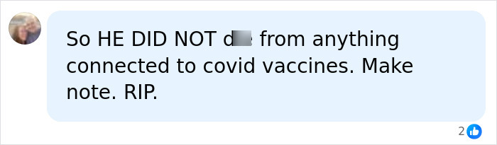 A social media comment clarifying that a passing was not connected to COVID vaccines, referencing pneumonia. A social media comment clarifying that a passing was not connected to COVID vaccines, referencing pneumonia.