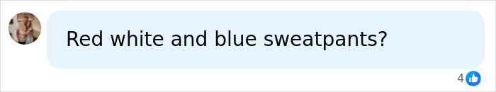 A social media comment asking about red, white, and blue sweatpants, referencing the Canadian woman's case. A social media comment asking about red, white, and blue sweatpants, referencing the Canadian woman's case.