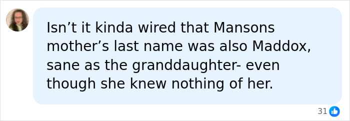 A social media comment about eerie similarities between a woman's dad and Charles Manson, noting a surname. A social media comment about eerie similarities between a woman's dad and Charles Manson, noting a surname.