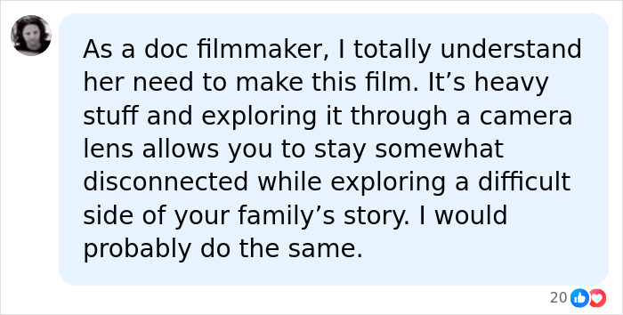 A comment from a doc filmmaker understanding the need to make a film about the woman's dad and Charles Manson similarities. A comment from a doc filmmaker understanding the need to make a film about the woman's dad and Charles Manson similarities.
