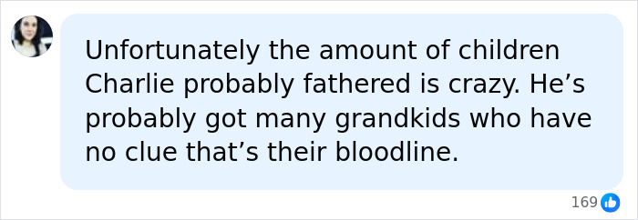 A comment on social media about Charles Manson probably having many children and grandchildren, part of a bombshell discovery. A comment on social media about Charles Manson probably having many children and grandchildren, part of a bombshell discovery.