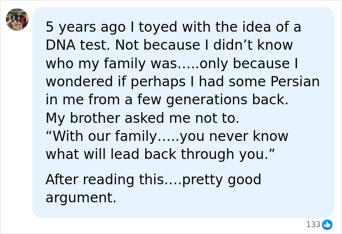 A social media comment details a woman's contemplation of a DNA test after Charles Manson revelations. A social media comment details a woman's contemplation of a DNA test after Charles Manson revelations.