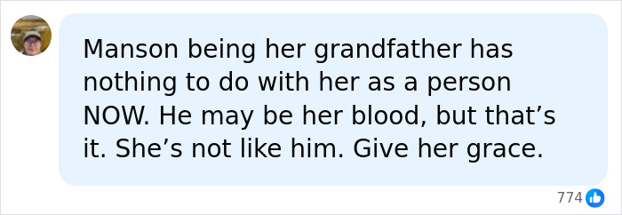 A social media comment states Charles Manson being a grandfather has nothing to do with a woman's identity. A social media comment states Charles Manson being a grandfather has nothing to do with a woman's identity.