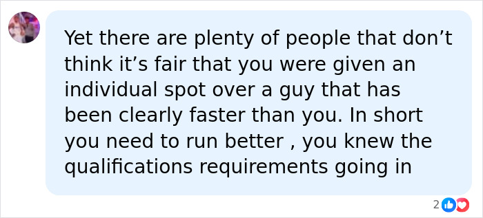 A comment arguing against an individual spot given to an athlete, questioning the fairness of rules and qualification after wardrobe malfunction.