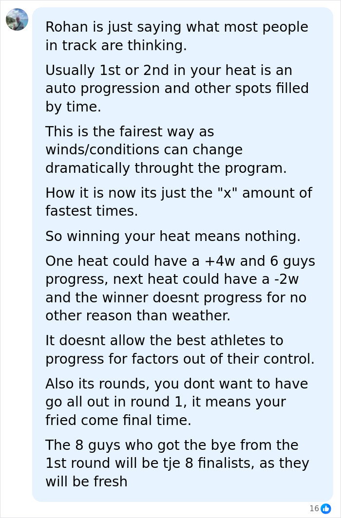 A detailed comment criticizing the unfair rule for female athletes and how it benefits rivals.