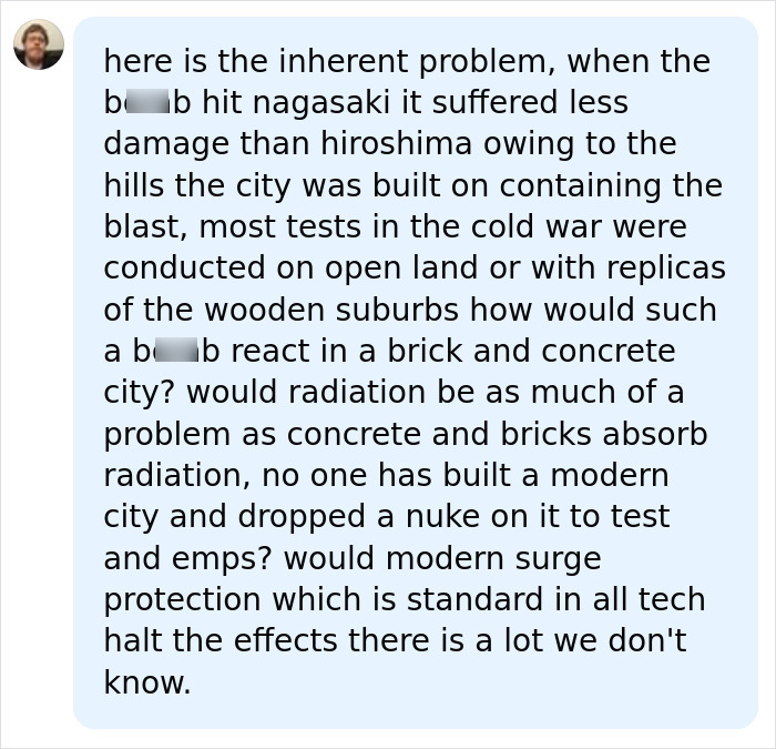 A detailed social media comment questioning the impact of a nuclear war on modern cities and radiation.