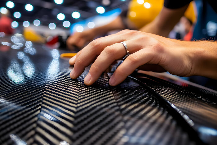 Close-up of a person's hand touching a carbon fiber surface, part of an unpopular industry that makes millions.