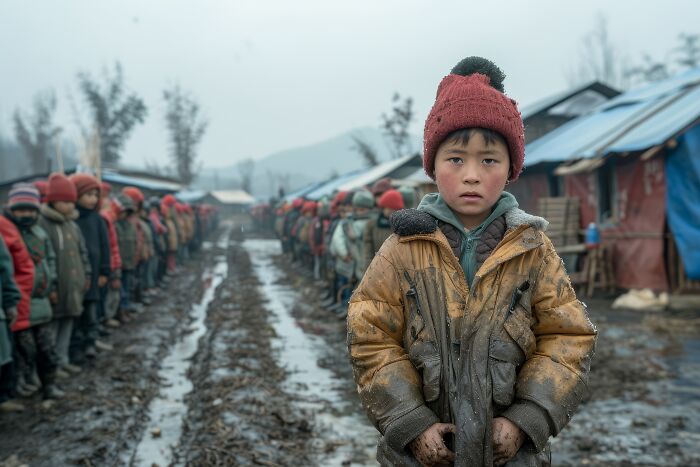 A young boy in a red hat and dirty yellow jacket stands in a muddy refugee camp, representing untold extraordinary stories.