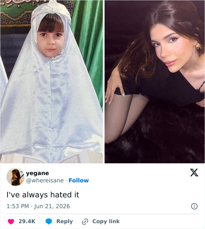 Side-by-side: a young girl in a white hijab and a woman in a black dress, showing women letting go of the hijab.