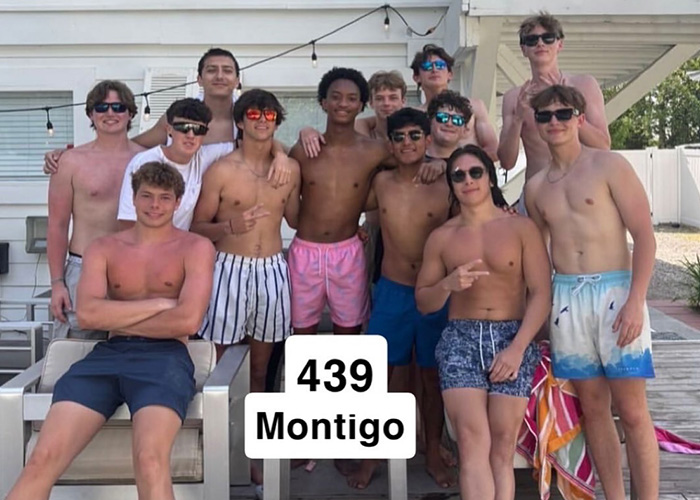 Nolan Wells, center, among a group of young men in swim trunks at 439 Montigo, raising questions about the case.