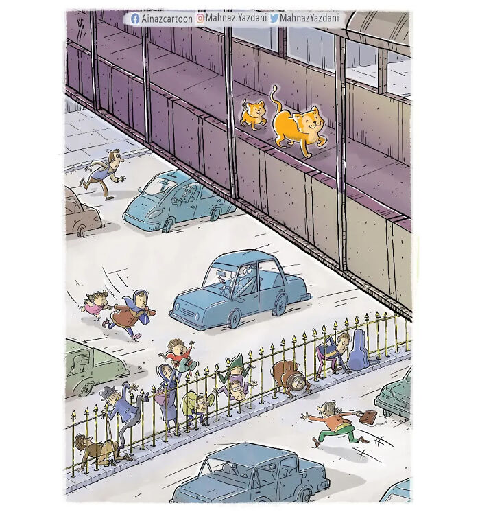 A satirical illustration depicting modern society with cats walking on a bridge over chaotic cars and people.