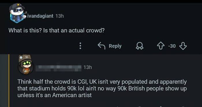 A screenshot of a comment section with an American user questioning the size of a crowd in the UK, implying confusion about population density.