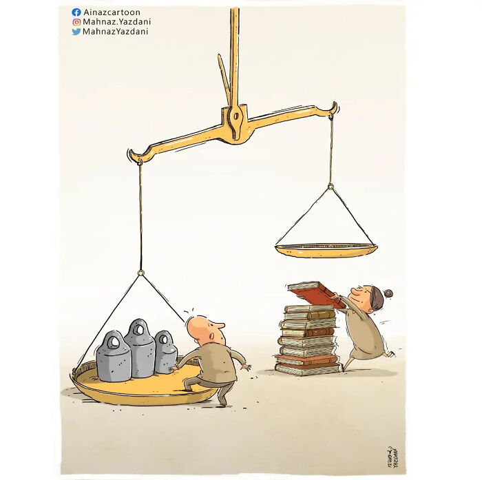 A satirical illustration shows a child piling books onto a scale against weights, symbolizing the value of knowledge in modern society.
