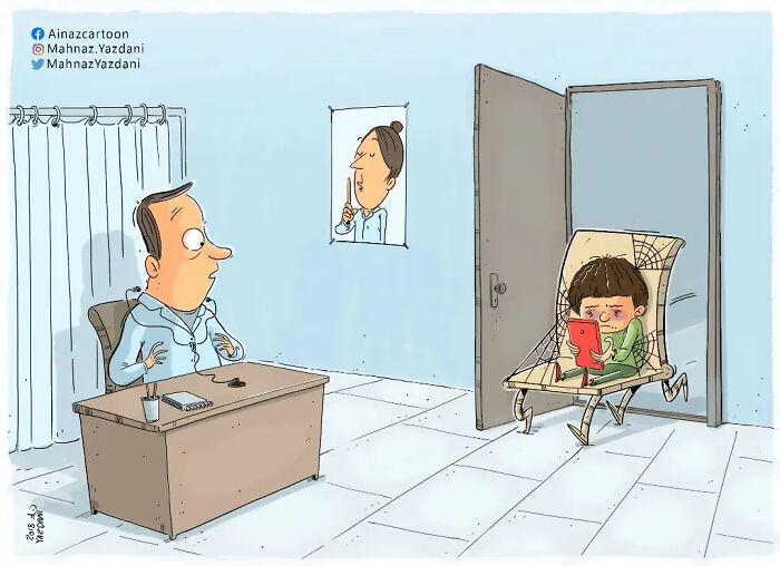 A satirical illustration depicts a doctor observing a child glued to a tablet, critiquing modern society's screen a*******n.