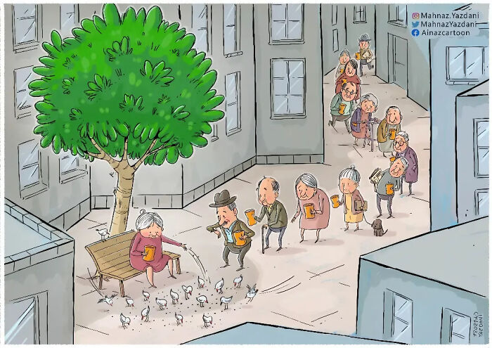A satirical illustration shows a line of elderly people receiving food from a woman on a bench, highlighting modern society's issues.