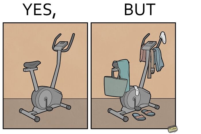 Yes But comic illustrating an exercise bike used for laundry, highlighting things we somehow never question.