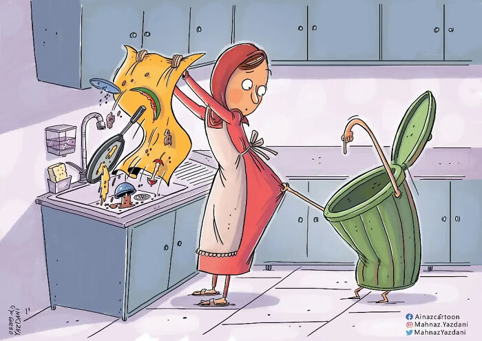 A satirical illustration shows a woman doing dishes while a trash bin tries to grab a bag she is holding.