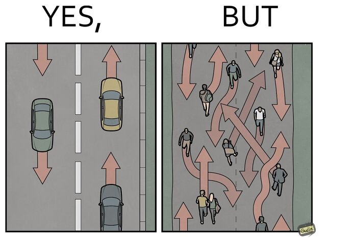 Yes But comic comparing organized car traffic to chaotic pedestrian movement, pointing out things we never question.
