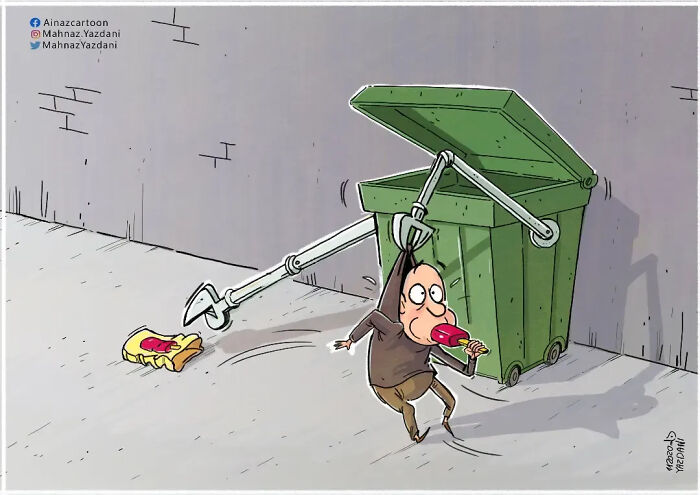 A satirical illustration shows a man eating an ice pop while a trash bin tries to grab a piece of trash he dropped.