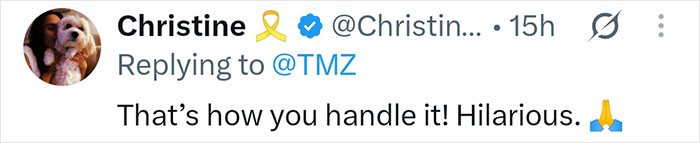 Screenshot of a tweet from Christine saying: 'That's how you handle it! Hilarious.' in response to the Robbie Williams white substance moment. Screenshot of a tweet from Christine saying: 'That's how you handle it! Hilarious.' in response to the Robbie Williams white substance moment.