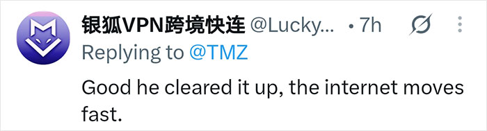 Screenshot of a tweet from a user saying: 'Good he cleared it up, the internet moves fast.' referring to Robbie Williams' explanation. Screenshot of a tweet from a user saying: 'Good he cleared it up, the internet moves fast.' referring to Robbie Williams' explanation.