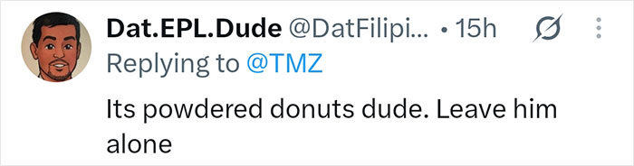 Screenshot of a fan's tweet about the white substance on Robbie Williams' mic, suggesting it was powdered donuts. Screenshot of a fan's tweet about the white substance on Robbie Williams' mic, suggesting it was powdered donuts.