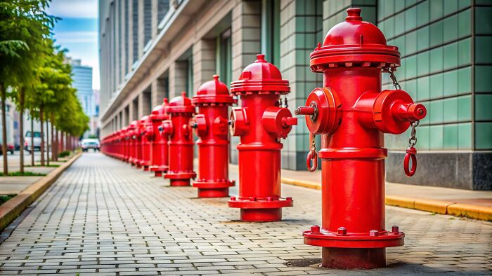 A row of red fire hydrants on a city sidewalk, representing an unpopular industry that actually makes millions.