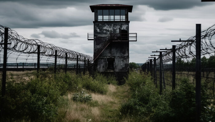 An abandoned guard tower and barbed wire fences under a cloudy sky, illustrating the extraordinary stories of World War II.