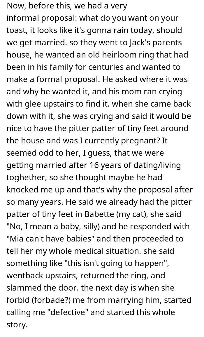 A woman describes her informal proposal to her future husband and the mother-in-law's reaction calling her defective.