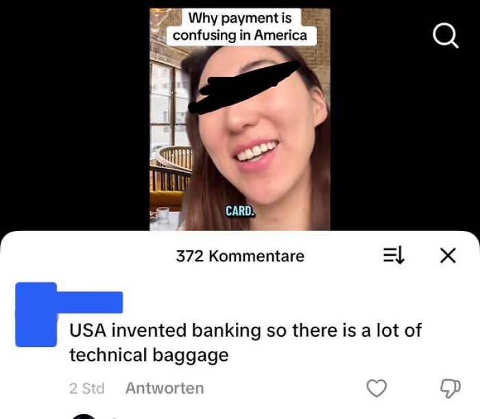 A screenshot with a video titled 'Why payment is confusing in America' and a comment below it.