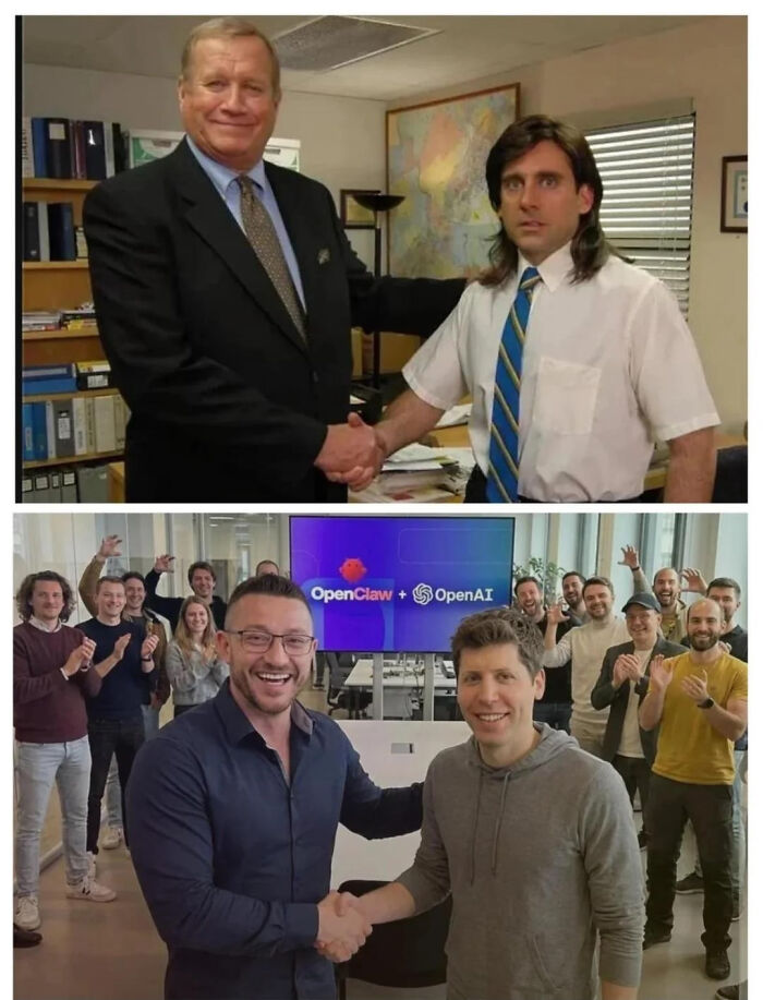 A funny meme comparing two handshakes: one from The Office and another from OpenAI and OpenClaw.