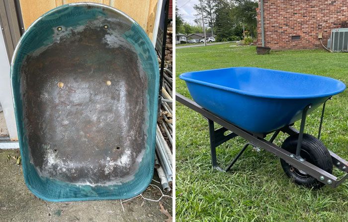 A side-by-side image shows a worn-out wheelbarrow and a newly fixed wheelbarrow in a lawn.