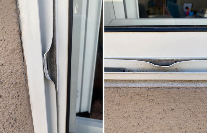 Image of a damaged window frame with a dent. People ask for help fixing things.