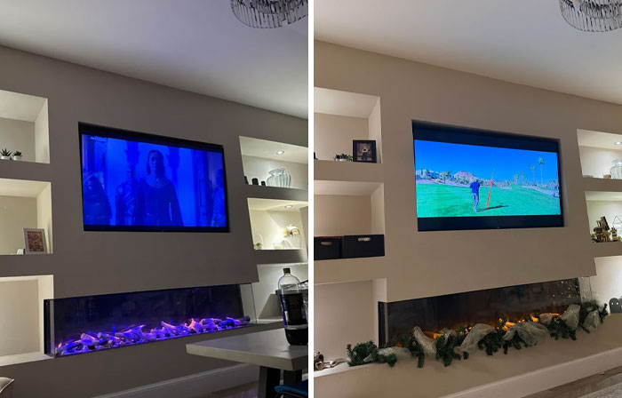 Before and after images of a living room entertainment setup, showing how to fix things in home decor.