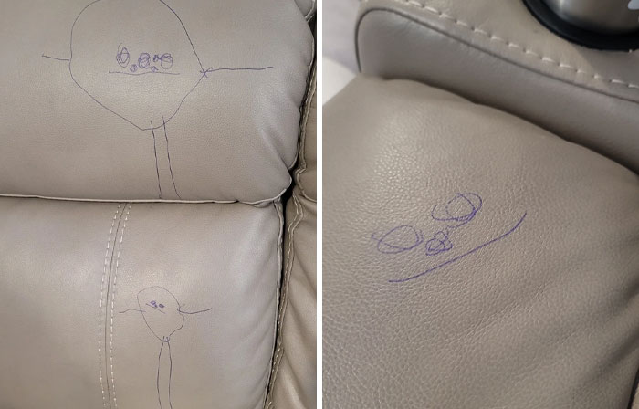 Purple pen scribbles on a light-colored leather couch, showing a common problem that people ask others for help fixing.